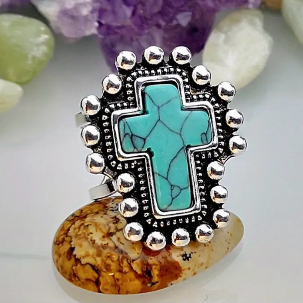 Turquoise and Silver Cross Ring - Picture 5 of 5